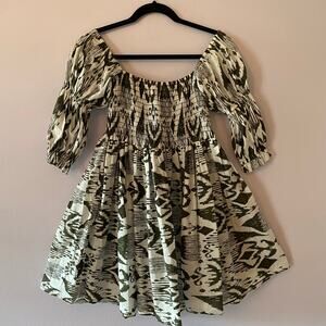MISA Los Angeles Green White Smocked Puff Sleeve Mini Dress Cotton Women size XS